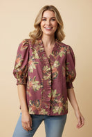 Heimish Floral Ruffle Trim Puff Sleeve V Neck Blouse in Dusty Mazenta