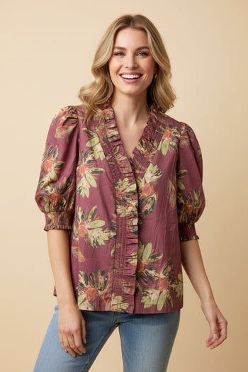 Heimish Floral Ruffle Trim Puff Sleeve V Neck Blouse in Dusty Mazenta