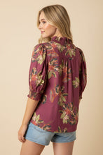 Load image into Gallery viewer, Heimish Floral Ruffle Trim Puff Sleeve V Neck Blouse in Dusty Mazenta
