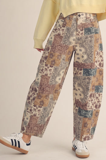 LovLov Vintage Tapestry Patchwork Print Barrel Pants in Multi