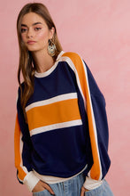 Load image into Gallery viewer, BiBi Gameday Sporty Colorblock Pullover Sweatshirt in Navy Orange
