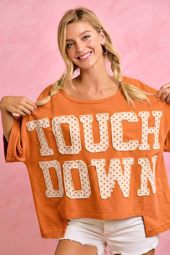 BiBi Gameday Theme Polka Dot Patches Short Sleeves Top in Orange/Ivory