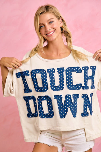 BiBi Gameday Theme Polka Dot Patches Short Sleeves Top in Ivory/Navy