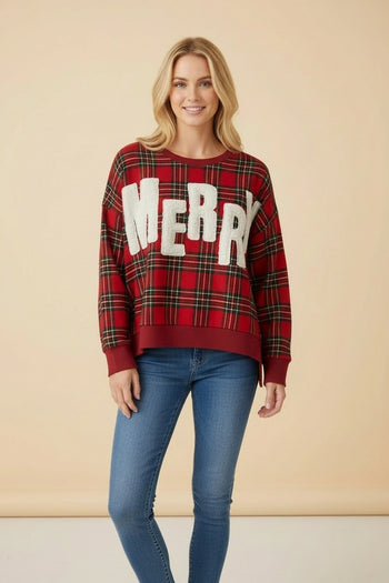 Heimish Sherpa Merry Patched Plaid Pullover Top in Red