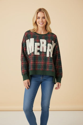 Heimish Sherpa Merry Patched Plaid Pullover Top in Green