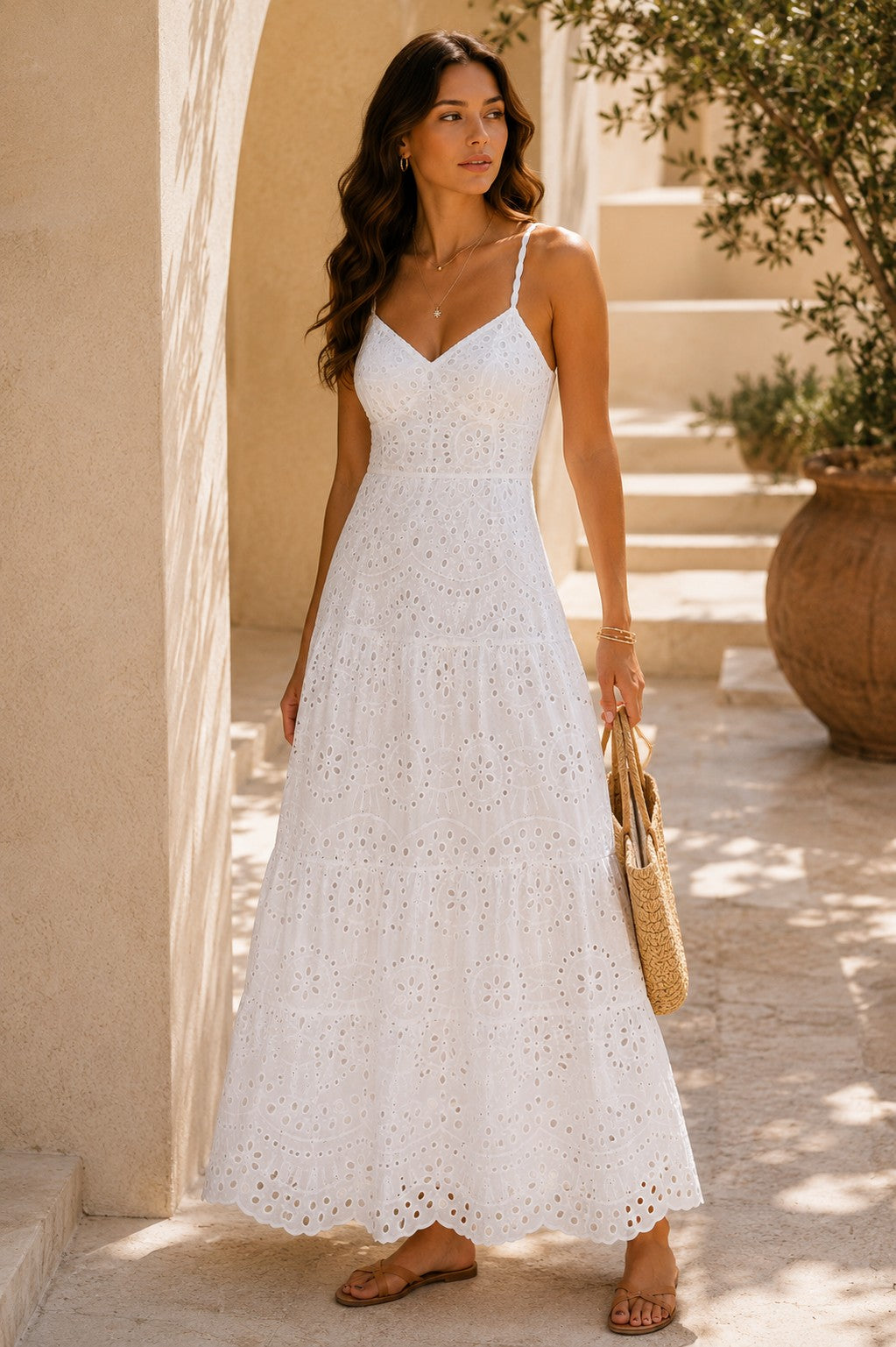 Viviluna Amalfi Coast Eyelet Tiered Maxi Dress in White S