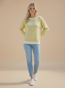 Tres Bien Stripe Cloudy Knit Top with JESUS Graphic Print Front in Mellow Yellow