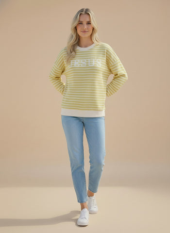 Tres Bien Stripe Cloudy Knit Top with JESUS Graphic Print Front in Mellow Yellow