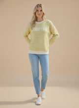 Load image into Gallery viewer, Tres Bien Stripe Cloudy Knit Top with JESUS Graphic Print Front in Mellow Yellow
