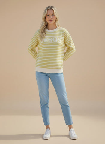 Tres Bien Stripe Cloudy Knit Top with JESUS Graphic Print Front in Mellow Yellow