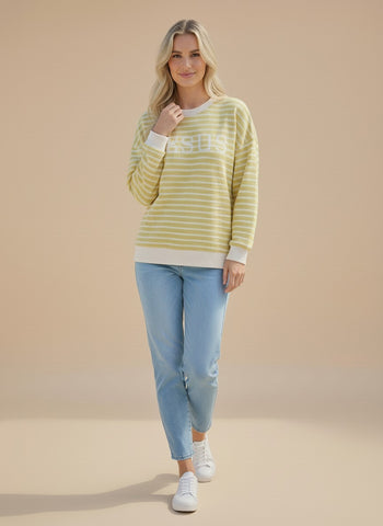 Tres Bien Stripe Cloudy Knit Top with JESUS Graphic Print Front in Mellow Yellow
