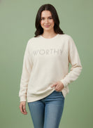 Tres Bien Solid Color Cloudy Knit Top with WORTHY Graphic Print Front in Cream
