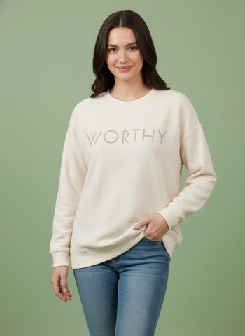 Tres Bien Solid Color Cloudy Knit Top with WORTHY Graphic Print Front in Cream