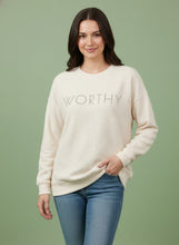 Load image into Gallery viewer, Tres Bien Solid Color Cloudy Knit Top with WORTHY Graphic Print Front in Cream
