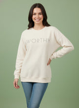 Load image into Gallery viewer, Tres Bien Solid Color Cloudy Knit Top with WORTHY Graphic Print Front in Cream
