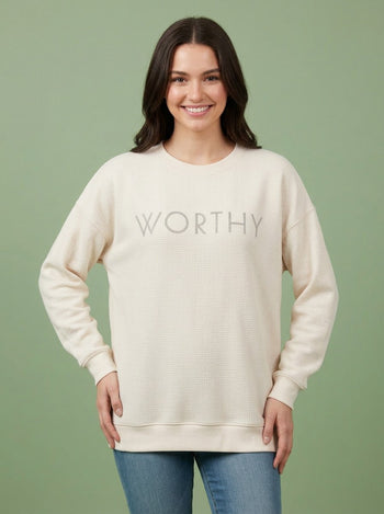 Tres Bien Solid Color Cloudy Knit Top with WORTHY Graphic Print Front in Cream