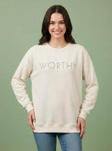 Load image into Gallery viewer, Tres Bien Solid Color Cloudy Knit Top with WORTHY Graphic Print Front in Cream
