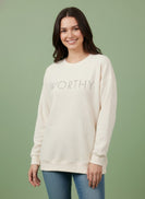 Tres Bien Solid Color Cloudy Knit Top with WORTHY Graphic Print Front in Cream