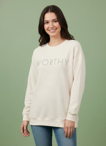 Tres Bien Solid Color Cloudy Knit Top with WORTHY Graphic Print Front in Cream
