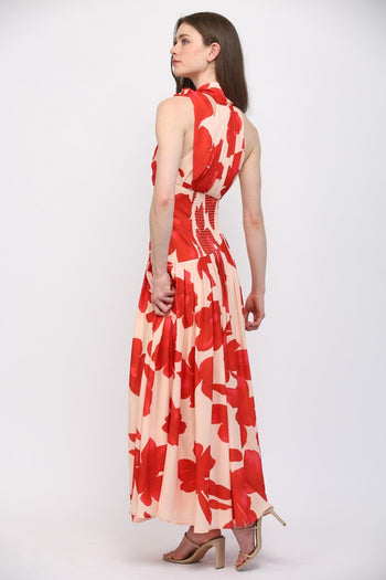 FATE Bold Floral Print Halter Neckline Maxi Dress in Pale Peach Orange