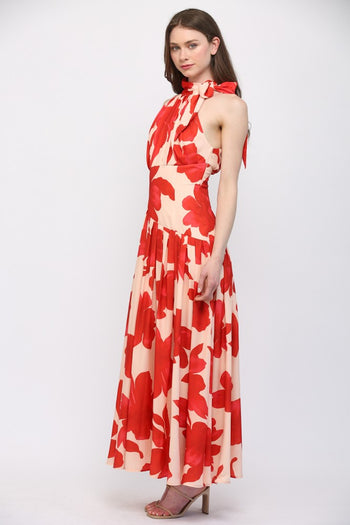 FATE Bold Floral Print Halter Neckline Maxi Dress in Pale Peach Orange