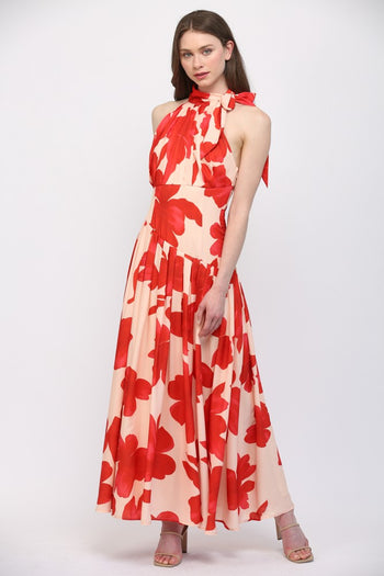FATE Bold Floral Print Halter Neckline Maxi Dress in Pale Peach Orange