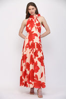 FATE Bold Floral Print Halter Neckline Maxi Dress in Pale Peach Orange