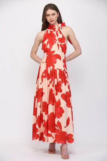 FATE Bold Floral Print Halter Neckline Maxi Dress in Pale Peach Orange
