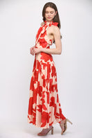 FATE Bold Floral Print Halter Neckline Maxi Dress in Pale Peach Orange