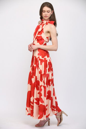FATE Bold Floral Print Halter Neckline Maxi Dress in Pale Peach Orange