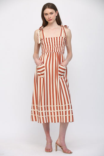 FATE Striped Midi Dress with Heart Patched Pockets in Cream Rust