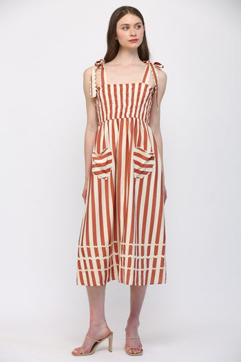 FATE Striped Midi Dress with Heart Patched Pockets in Cream Rust
