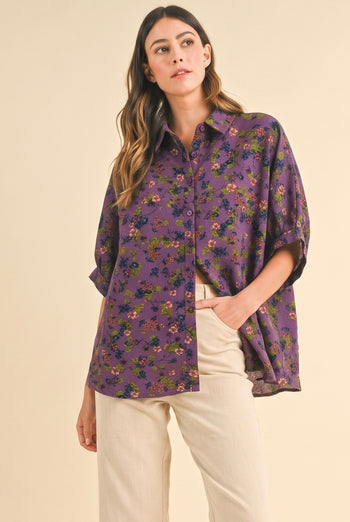 AnnieWear OVERSIZED Floral Print Button-Down Blouse in Plum