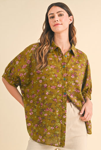 AnnieWear OVERSIZED Floral Print Button-Down Blouse in Moss