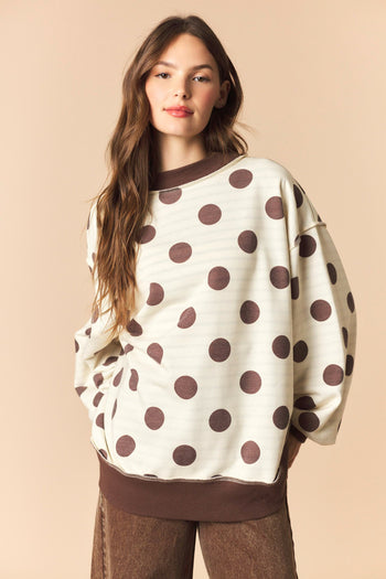 Peach Love Reversible Polka Dot And Stripe Mock Neck Sweatshirt in Brown/Ivory