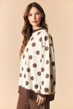 Load image into Gallery viewer, Peach Love Reversible Polka Dot And Stripe Mock Neck Sweatshirt in Brown/Ivory
