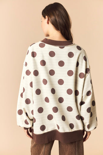 Peach Love Reversible Polka Dot And Stripe Mock Neck Sweatshirt in Brown/Ivory