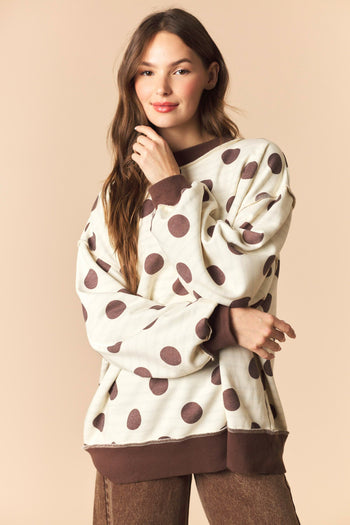 Peach Love Reversible Polka Dot And Stripe Mock Neck Sweatshirt in Brown/Ivory