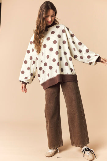 Peach Love Reversible Polka Dot And Stripe Mock Neck Sweatshirt in Brown/Ivory