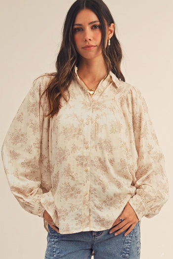 LovLov OVERSIZED Floral Button Down Top in Oatmeal