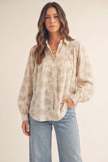 LovLov OVERSIZED Floral Button Down Top in Oatmeal