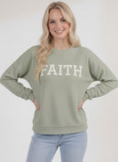 Tres Bien Solid Color Cloudy Knit Top with FAITH Graphic Print Front in Desert Sage