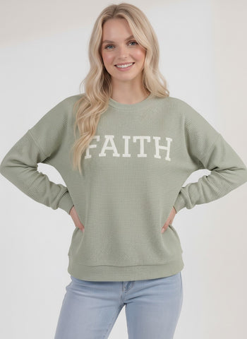 Tres Bien Solid Color Cloudy Knit Top with FAITH Graphic Print Front in Desert Sage