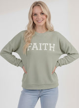 Load image into Gallery viewer, Tres Bien Solid Color Cloudy Knit Top with FAITH Graphic Print Front in Desert Sage
