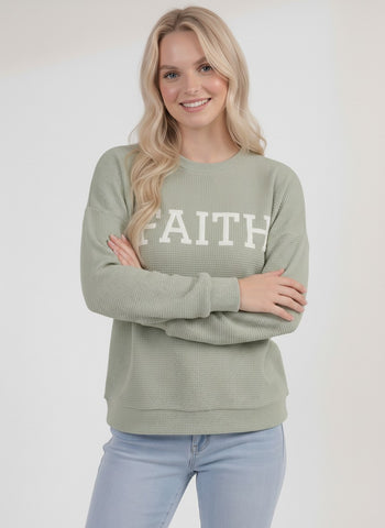 Tres Bien Solid Color Cloudy Knit Top with FAITH Graphic Print Front in Desert Sage