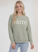 Tres Bien Solid Color Cloudy Knit Top with FAITH Graphic Print Front in Desert Sage