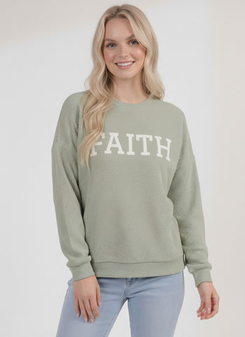 Tres Bien Solid Color Cloudy Knit Top with FAITH Graphic Print Front in Desert Sage