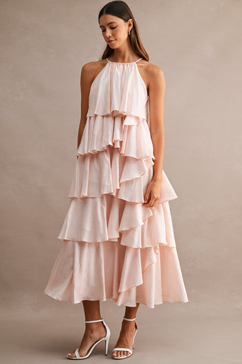 MABLE Halter Neck Ruffle Tiered Midi Dress in Light Pink