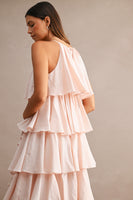 MABLE Halter Neck Ruffle Tiered Midi Dress in Light Pink