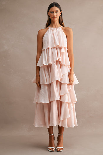 MABLE Halter Neck Ruffle Tiered Midi Dress in Light Pink